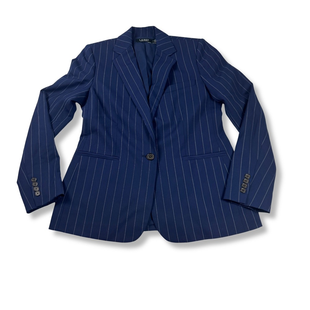 Lauren Ralph Lauren Pinstripe Blazer Wool Blend Career Navy Blue Womens Size 6